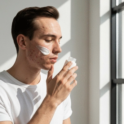 Person applying moisturizer to dry, acne-prone skin
