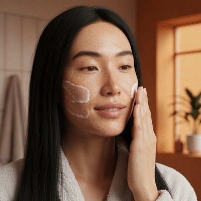 Person applying a gentle face cleanser to dry, acne-prone skin