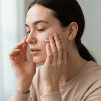 Person applying moisturizer to dry, acne-prone skin, showing gentle care