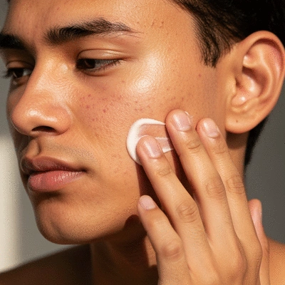 Close-up of a person applying a lightweight moisturizer to dry, acne-prone skin on their cheek, with subtle glow and healthy skin texture, no text, no words, no typography, no labels, clean image