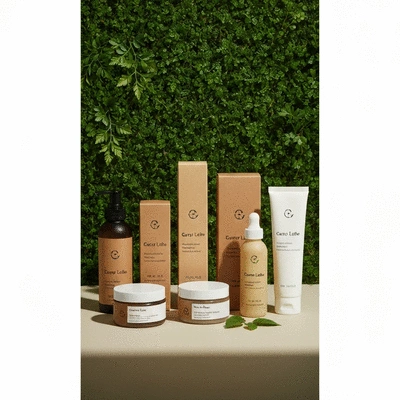 Sustainable skincare products with eco-friendly packaging on a natural background, no text, no words, no typography, 8K, clean image