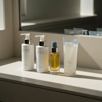 A collection of various skincare products (moisturizer, serum, cleanser) neatly arranged on a clean white vanity, suggesting a personalized routine. no text, no words, no typography, no labels, clean image