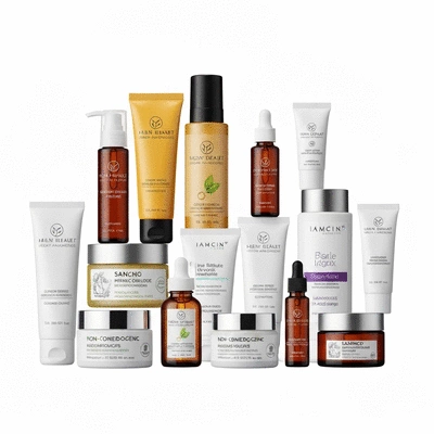 A diverse collection of skincare products, some labeled 'non-comedogenic', arranged neatly on a clean white background