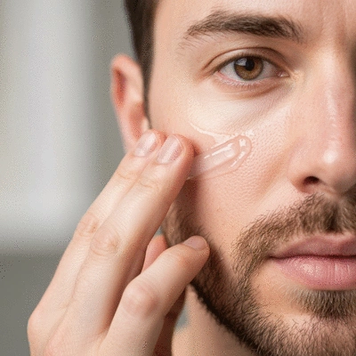 Close-up of a person applying hyaluronic acid serum to their face, showing hydrated skin. The focus is on the application and the product's texture.