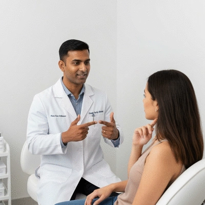 Dermatologist consulting with a patient about skincare routine, showing a balanced approach