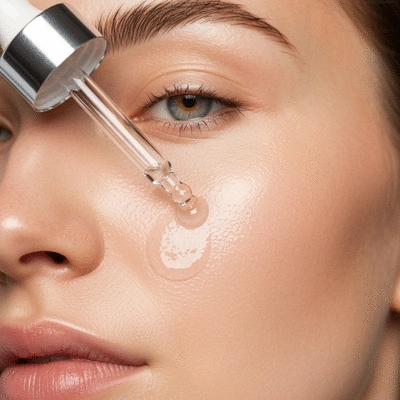 Close-up of a glass dropper bottle applying niacinamide serum to skin, showing hydration and glow