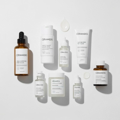Skincare products with ceramides on a clean, minimalist background, illustrating skin barrier repair