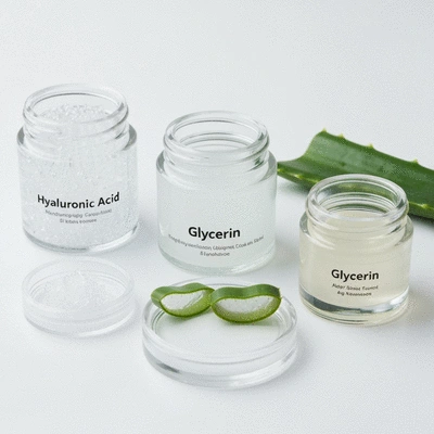 Close-up of various skincare ingredients like hyaluronic acid, glycerin, and aloe vera in small glass jars on a clean, white background, no text, no words, no typography, clean image