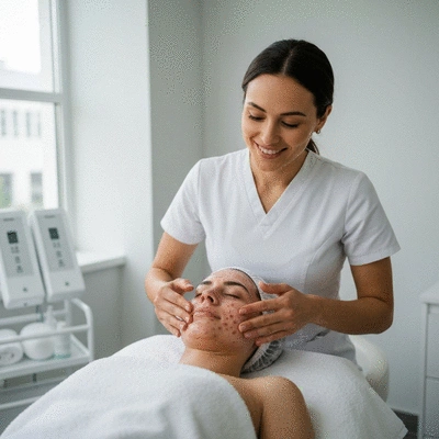 Professional performing a facial treatment on a client in a clean clinic setting