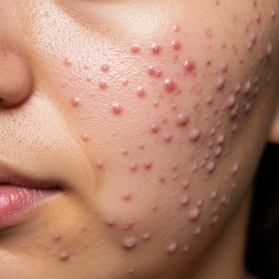 Close-up of a person's face with dry acne-prone skin, showing both dryness and breakouts, natural lighting, clean image