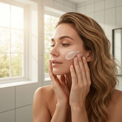 Woman applying moisturizer to face, healthy skin