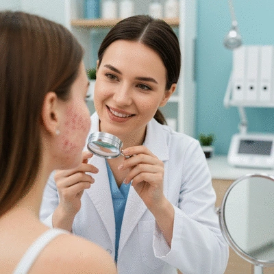 Close-up of dermatologist reviewing skin health with a patient, focusing on dry and acne-prone areas