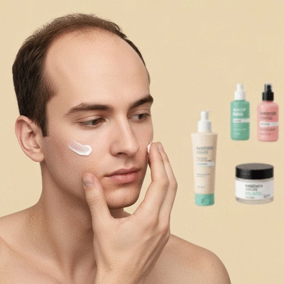 Close-up of a person applying a small amount of facial cream to their cheek, focusing on gentle application for dry, acne-prone skin, with a soft, blurred background of skincare products. No text, no words, no typography, no labels, clean image.
