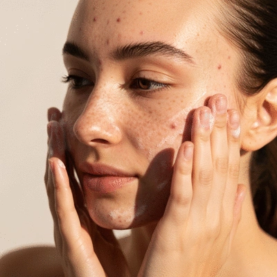 Close-up of a woman gently cleansing her dry, acne-prone face with a mild cleanser, soft lighting, no text, no words, no typography, clean image
