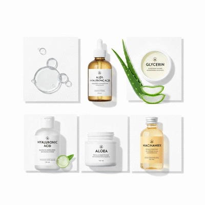 Assortment of skincare ingredients including hyaluronic acid, glycerin, aloe vera, and niacinamide in clean, minimalist packaging. No text, no words, no typography, no labels, clean image.