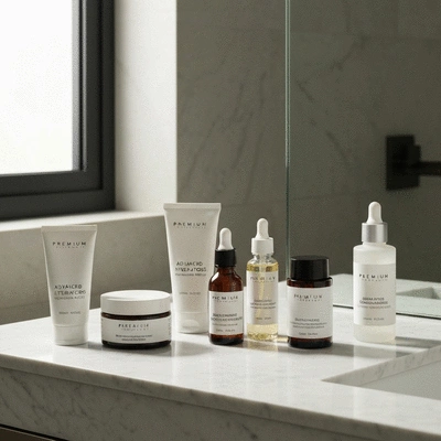 Assortment of winter skincare products (moisturizers, serums, cleansers) on a clean, minimalist background, emphasizing hydration and barrier repair