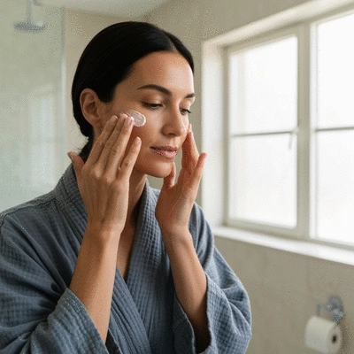 A woman gently applying a moisturizer to her face in a well-lit bathroom, representing a balanced skincare routine, no text, no words, no typography, clean image