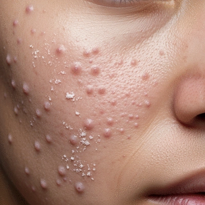 Close-up of a person's face showing both dry, flaky patches and small acne breakouts, illustrating the paradox of dry skin and acne, no text, no words, no typography, clean image