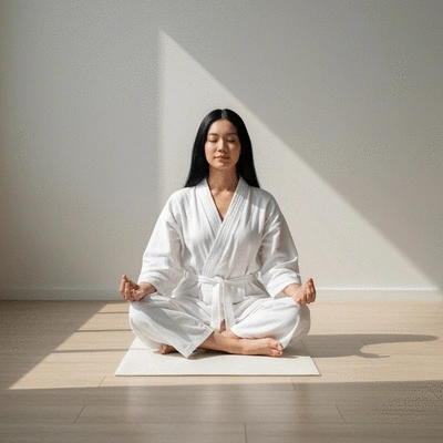 Person meditating peacefully in a calm setting