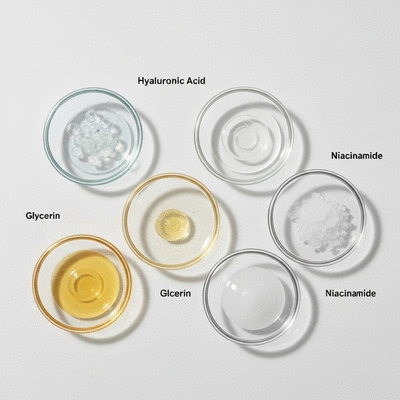 Various skincare ingredients like hyaluronic acid, glycerin, and niacinamide in small dishes