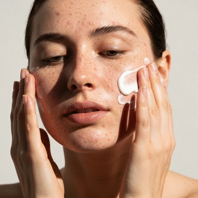 Person applying a gentle face moisturizer to dry, acne-prone skin, focusing on hydration