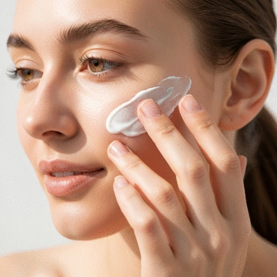 Person applying moisturizer to dry skin on their face, close up, gentle expression