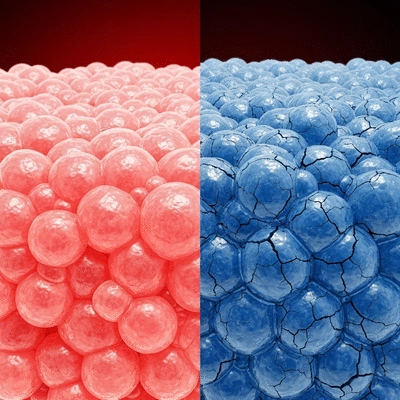 Close-up of hydrated skin cells next to dry skin cells, illustrating the difference