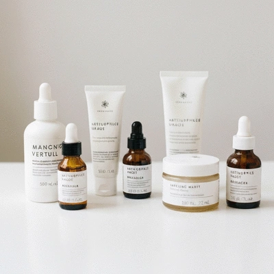 Various skincare products neatly arranged on a clean white surface, focus on ingredients and labels, product photography, no text, no words, no typography, 8K