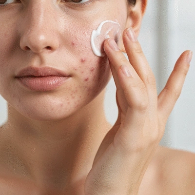 Person applying moisturizer to dry, acne-prone skin, emphasizing gentle care
