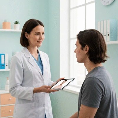 Dermatologist consulting with a patient about dry, acne-prone skin, in a clean, modern clinic setting