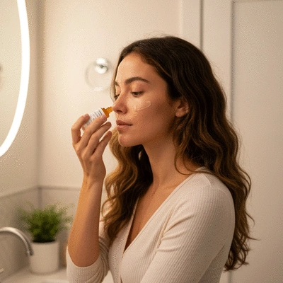 Person applying a small amount of retinol serum to their face as part of a night routine