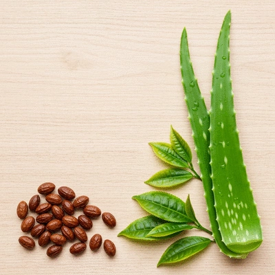 Various natural skincare ingredients like aloe vera leaf, green tea leaves, and jojoba seeds on a light wooden background, no text, no words, no typography, clean image