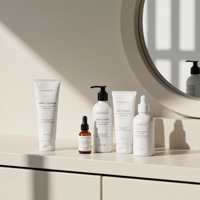 Various skincare products for dry, acne-prone skin, including cleanser, serum, and moisturizer, arranged neatly on a clean vanity, no text, no words, no typography, clean image