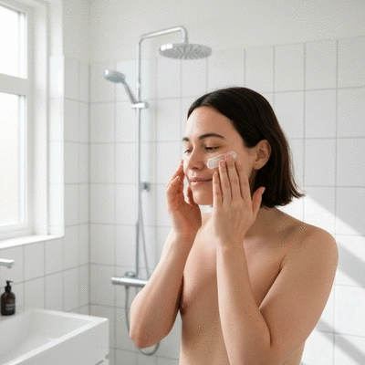 Person applying a rich moisturizer to their face in a clean, well-lit bathroom during winter, focusing on skin hydration