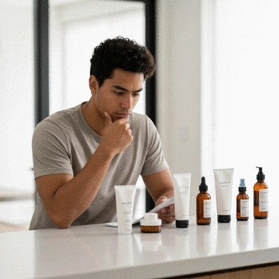 Person looking at various skincare products and ingredients on a clean counter, making personalized choices